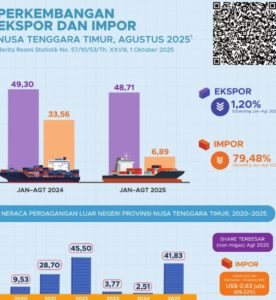 Neraca perdagangan Nusa Tenggara Timur Januari–Agustus 2025 mengalami surplus USD 36,12 juta